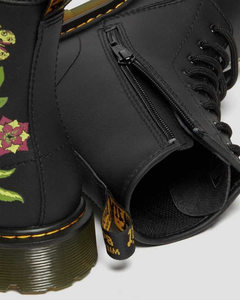 Dr Martens Youth 1460 Floral Lær Blonder Up Boots Støvler Barn Svarte | XTYHO8265