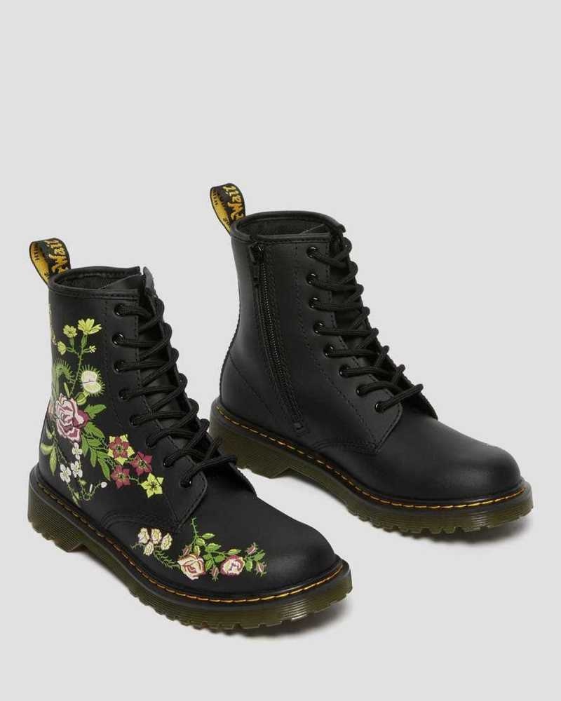 Dr Martens Youth 1460 Floral Lær Blonder Up Boots Støvler Barn Svarte | XTYHO8265