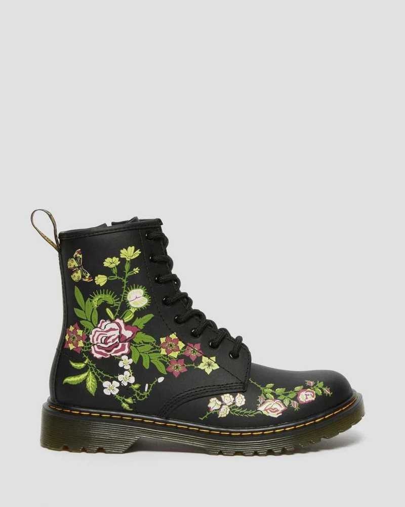 Dr Martens Youth 1460 Floral Lær Blonder Up Boots Støvler Barn Svarte | XTYHO8265