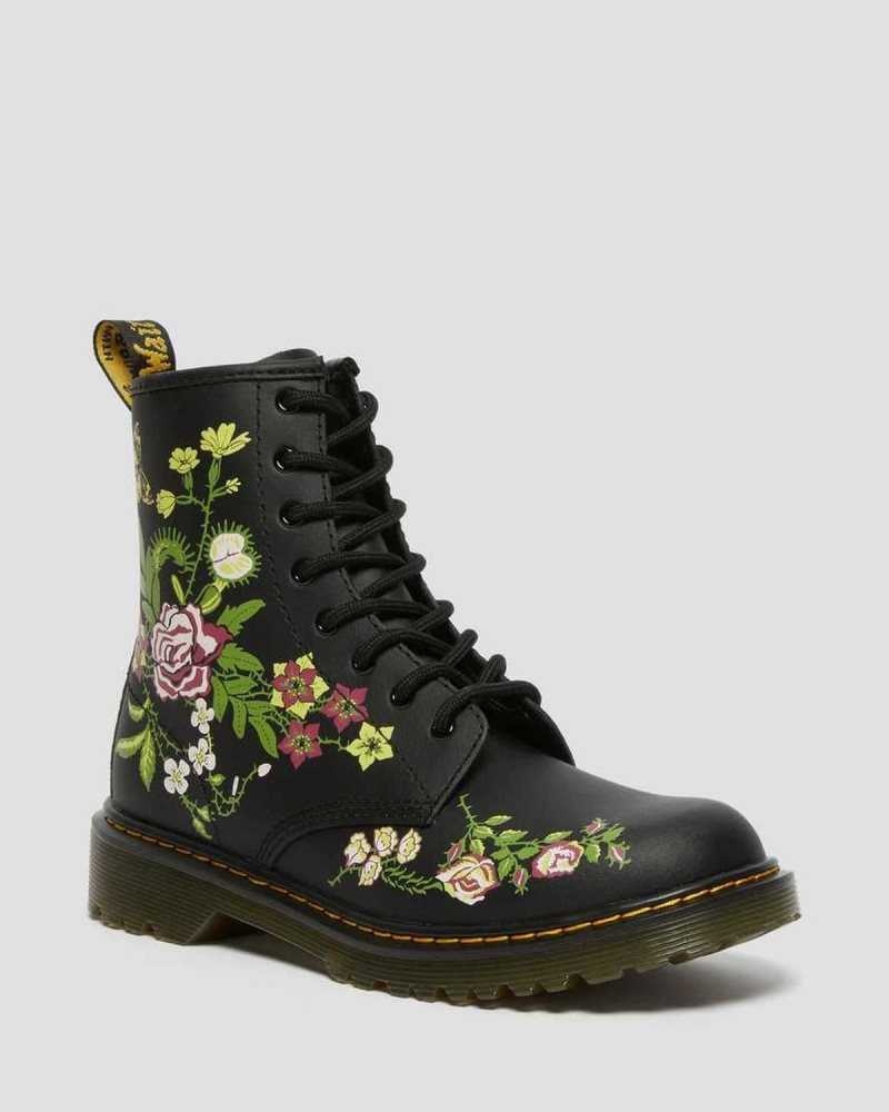 Dr Martens Youth 1460 Floral Lær Blonder Up Boots Støvler Barn Svarte | XTYHO8265